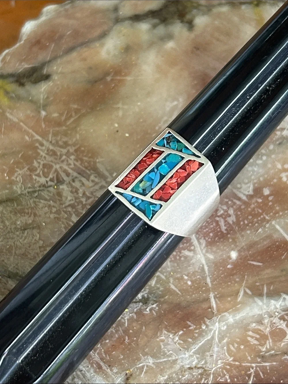 Vintage Turquoise & Coral Chip Inlay Ring